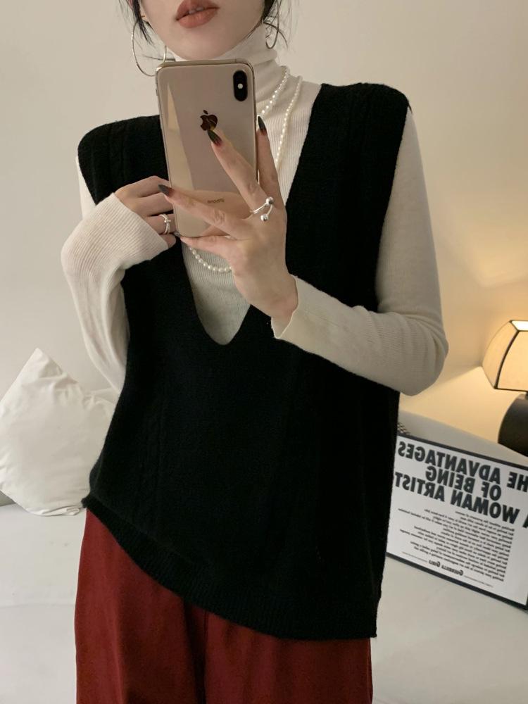 Colete Suéter Sem Mangas Feminino Casual com Decote em V, Tricô de Cabo 100% Lã para Sobreposição no Outono/Inverno