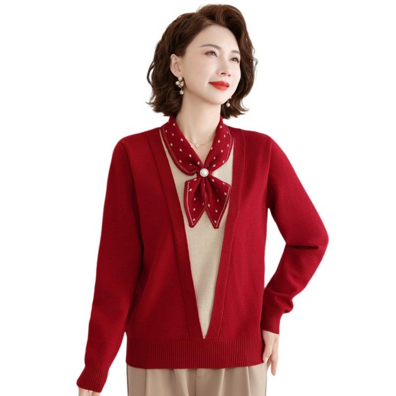 Middle-aged and Elderly Autumn and Winter Bottoming Sweater Mother Autumn Clothes New Knitted Sweater Top Middle-aged Women's Clothing Strap Sweater