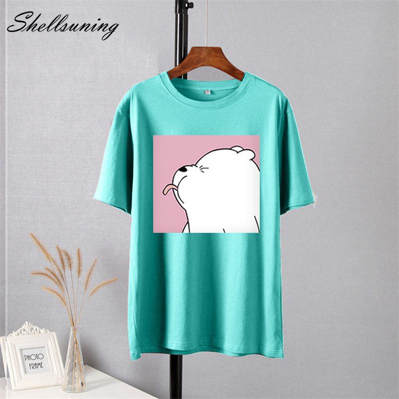 Shellsuning Summer Cute Printed Cotton T Shirt Women Loose Short Sleeve Trend Tees Female Casual Streetwear All-match Basic Tops