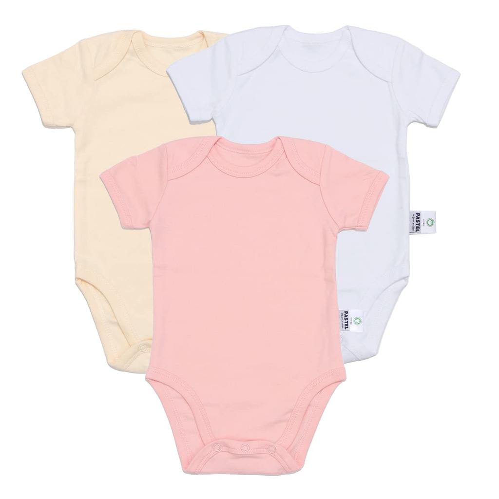 80cm small organic cotton GOTS certified short sleeve romper for baby girls pink white gift box set of 3 pink x white x yellow [psastel organic] 100%