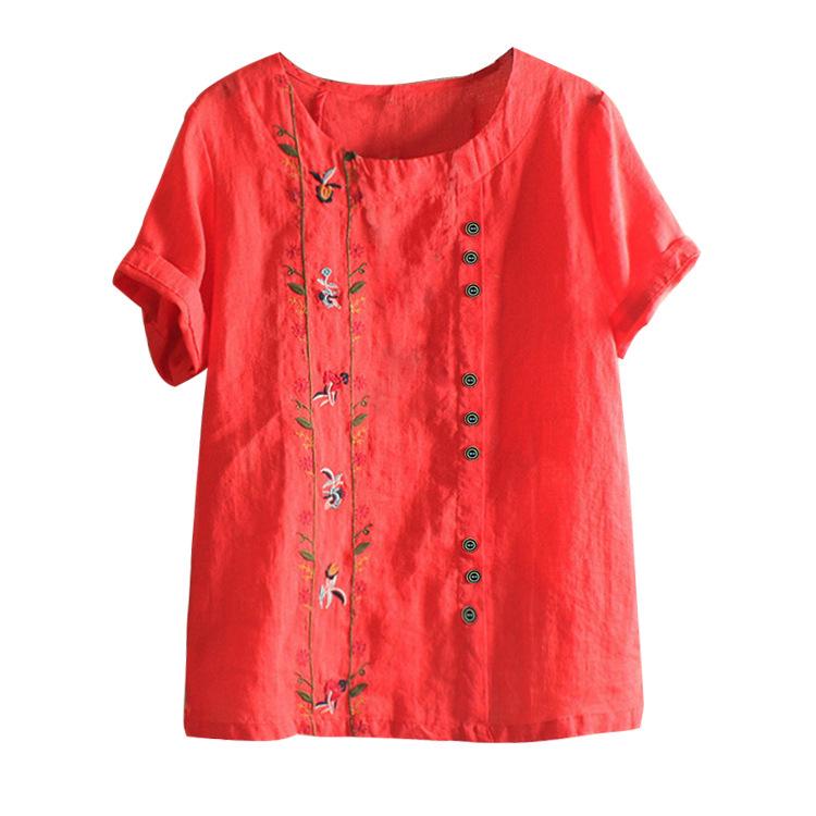 2025 Summer Women's Trendy Embroidered Cotton-Linen Short Sleeve T-Shirt - Korean Fashion