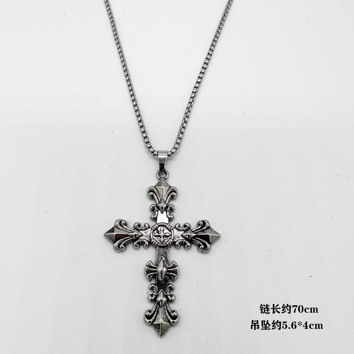 

Hip-hop Personality Sliver Color Fiery Flame Cross Pendant Box Chain Necklace for Men Women Retro Fashion Sweater Chain Jewelry 70cm