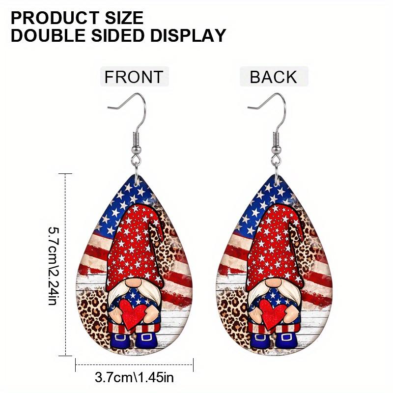 Vintage American Flag Cross Sunflower PU Earrings for Women , Independence Day Gnome Hold Red Love Water Drop Earrings,