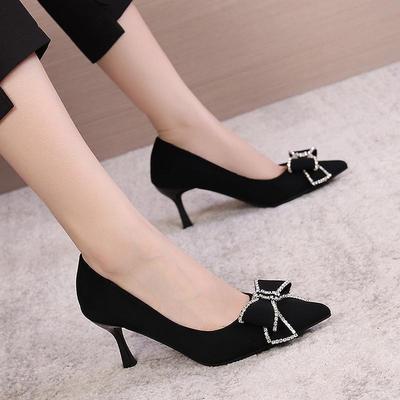 High Heels Pointed 2025 Spring and Autumn Black Versatile Rhinestone French Black Bow Stiletto Women's Single Shoes