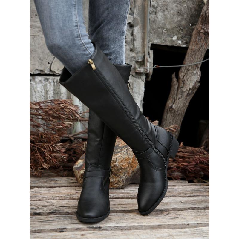 Pointed Buckle Knight Boots Winter 2025 New Plus Size Vintage Block Heel Boots