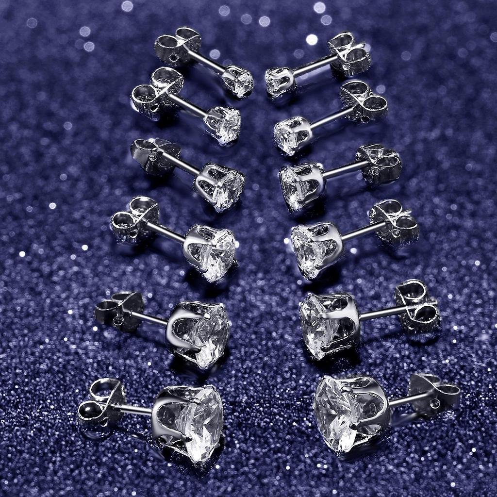 Stainless Steel Zircon Earrings: Set of 6 Simple Designs