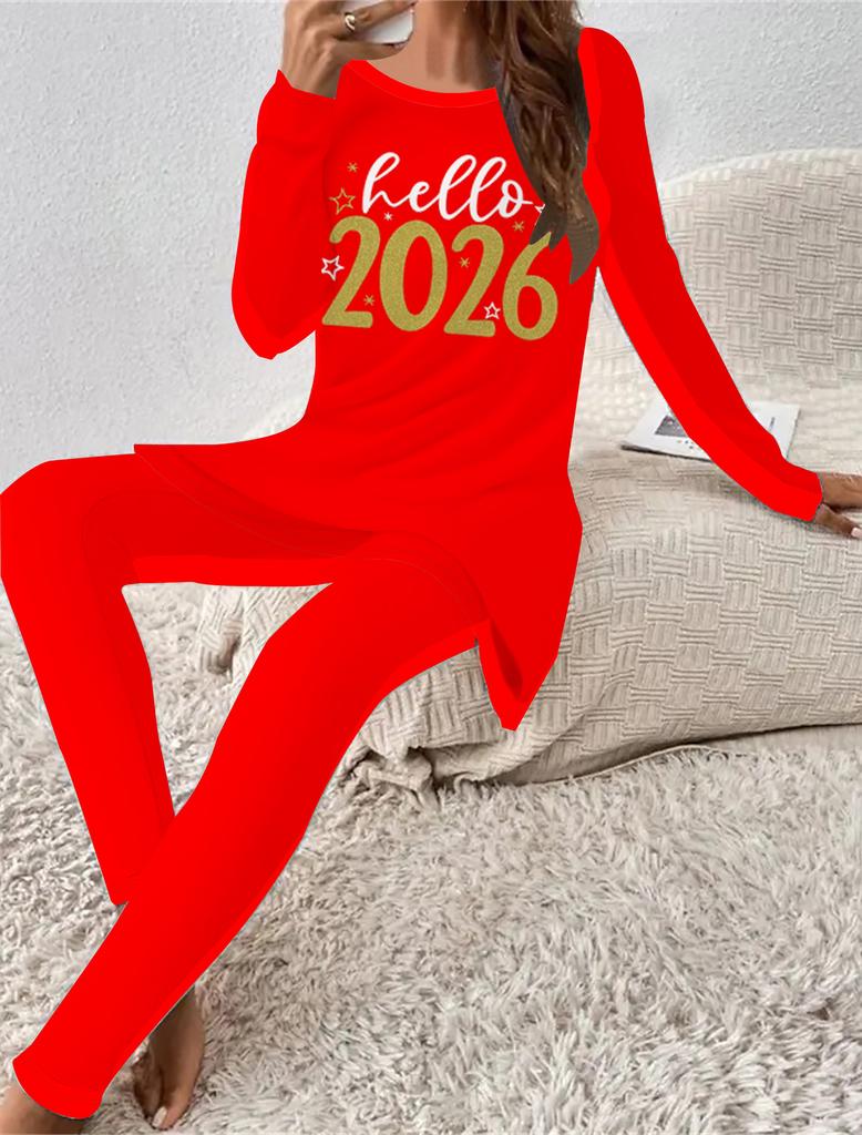 Euro-amerikanische Mode 3D Neujahrsdruck Damen Vier-Jahreszeiten Langarm-T-Shirt + Lange Hose Zweiteiliges Set. Das perfekte Geschenk für Neujahr