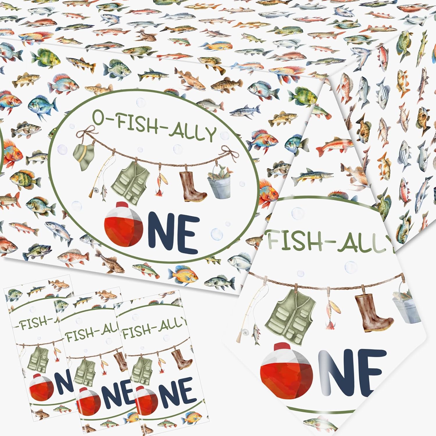 Ofishally One Birthday Decorations,3pcs O Fishally One First Birthday Decorations Tablecloth,Waterproof Plastic Fishing 1st Decorations Table Covers