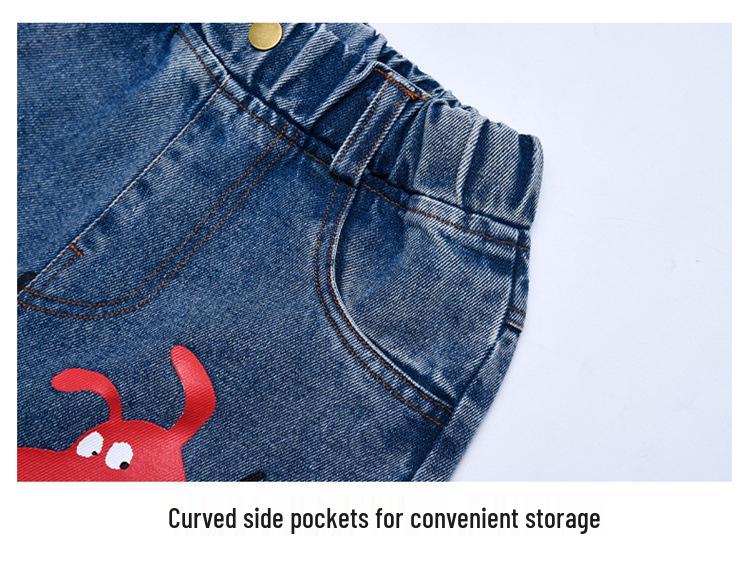 Girls' Cartoon Jeans - Spring/Autumn, Korean Style Loose Fit, Wide-Leg Trousers for Kids