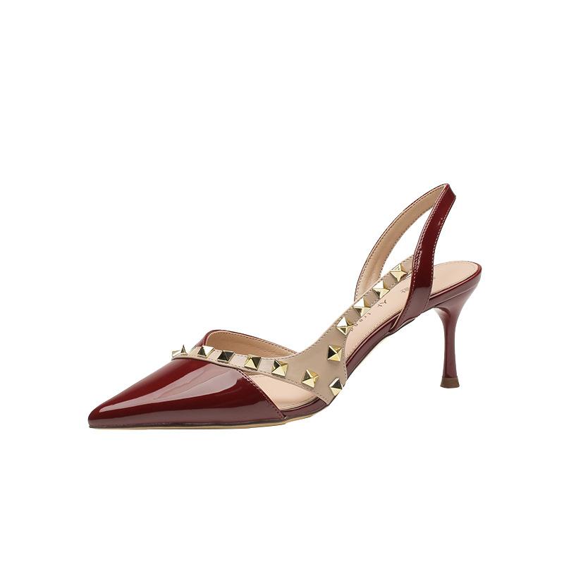 H1933-1 burgundy pointed high-heeled sandals half-bag head rivet-trimmed stiletto women's shoes patent leather solid color summer single