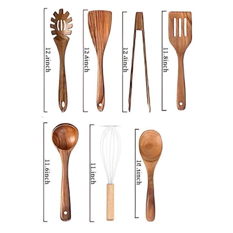 Teak Non-Stick Long-Handle Solid Wood Pan and Acacia Wood Kitchenware Set