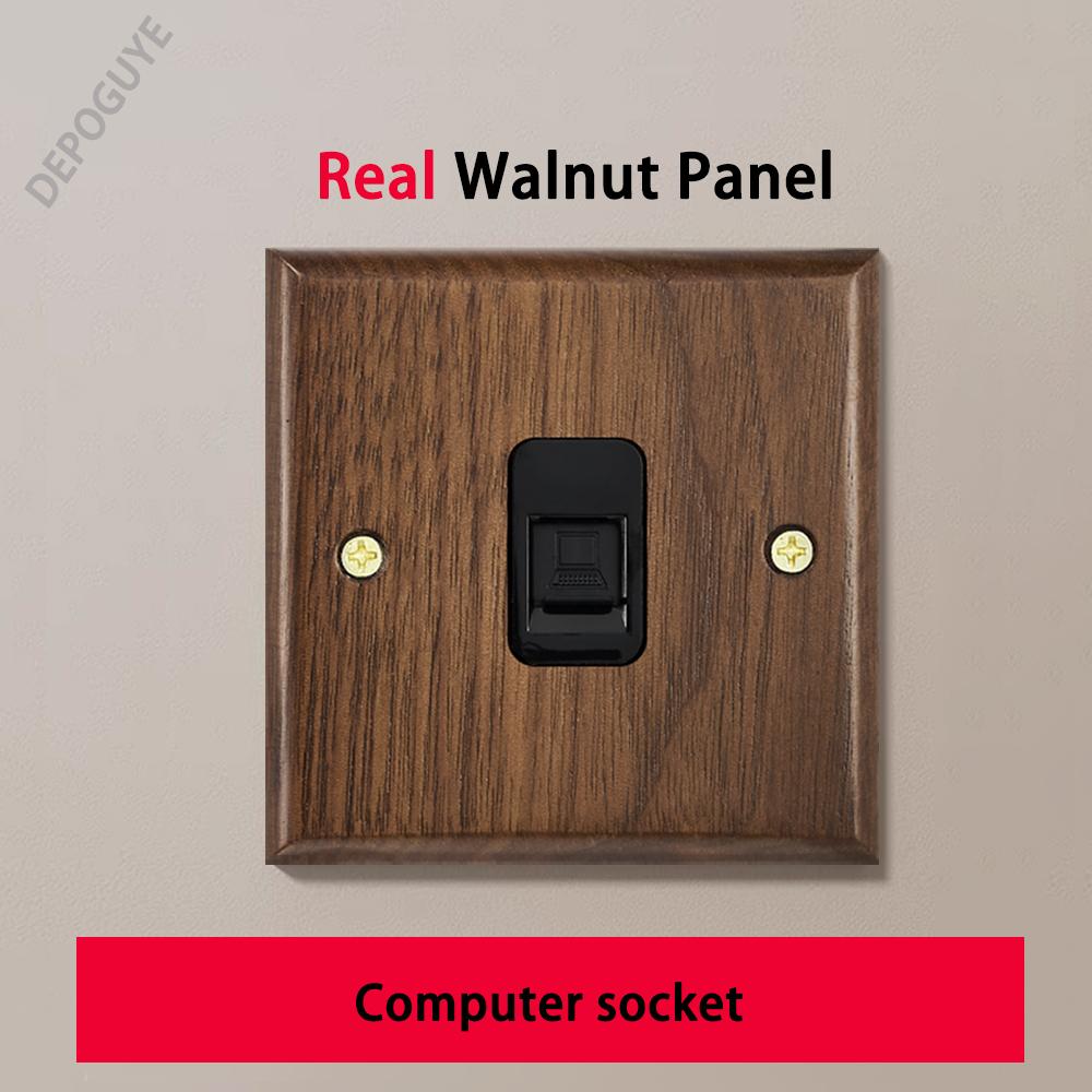 Black Retro Walnut Wall Toggle Switch Panel 1-4Gang 2Way Solid Wood Double EU/FR Socket Universal Usb C Electrical Power Outlet