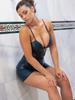 Shascullfites Melody Dark Blue Pu Leather Catsuit overal body Short Romper Clubwear Body Shape s 3 dostupnými velikostmi
