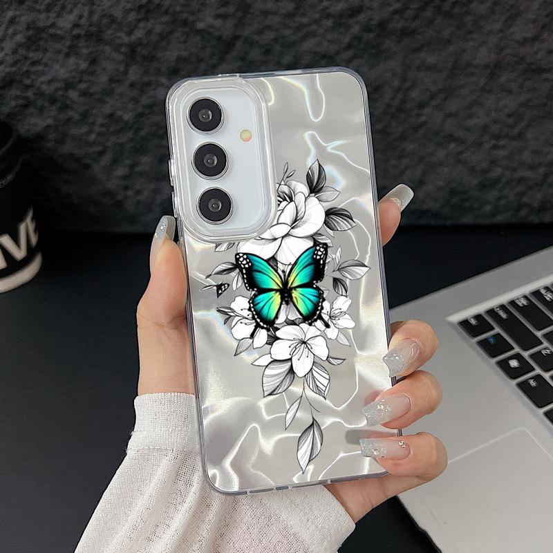 Laser Phone Case For Samsung Galaxy S25 S24 S23 Ultra S24 FE S22 Plus A55 A15 A16 A35 A25 A54 A56 5G Gold Butterfly Print Cover