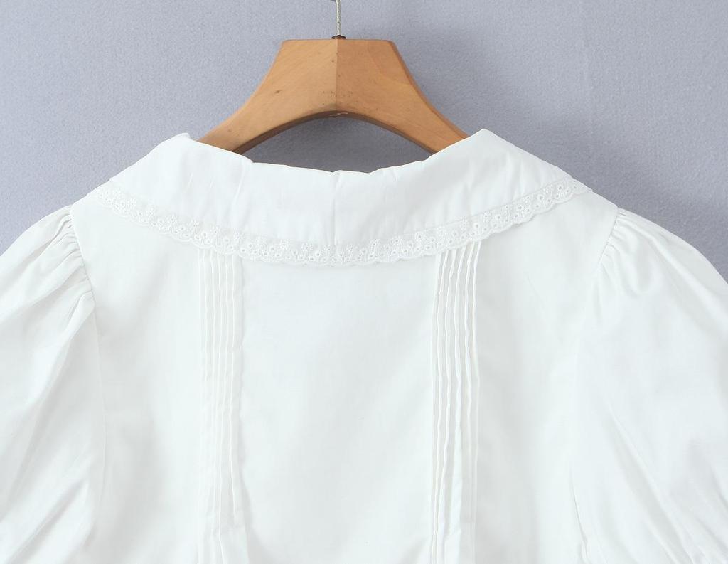 2025 Autumn Women's White Mesh Shirt with Doll Collar & Lace Puff Sleeves