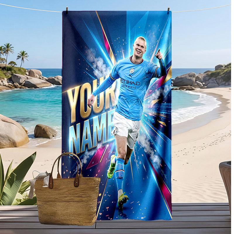 Erling Haaland Personalized Printed Beach Towel Soccer Logo Support Custom Name Text Absorbent Towel For Sport Travel Special Gift