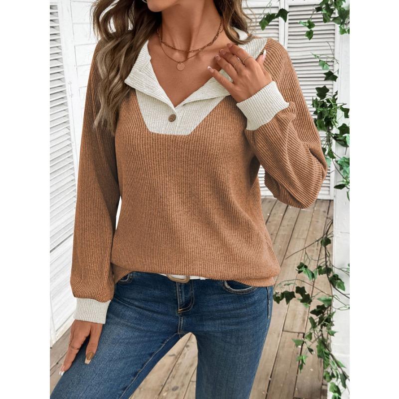 Womens Color Block V Neck Loose Long Sleeve Knit Sweater
