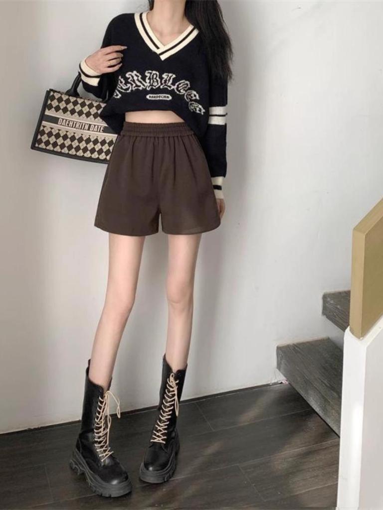 Women's Black Woolen High-Waist Booty Shorts - New 2024 Autumn/Winter Elastic A-line Wide-Leg Casual Wear
