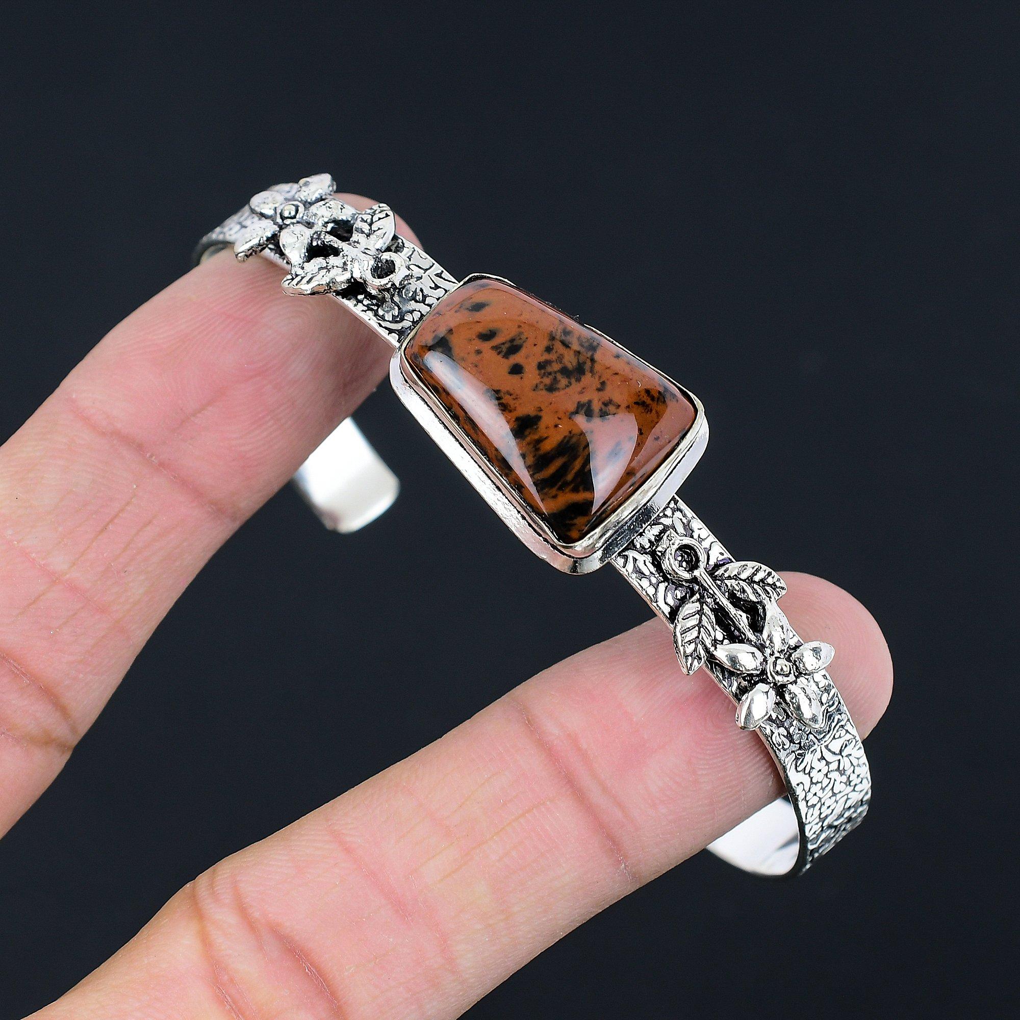 

Radiant Mahogany Obsidian Stone 925 Silver Engagement New Flower Daughter Bangle Adjustable