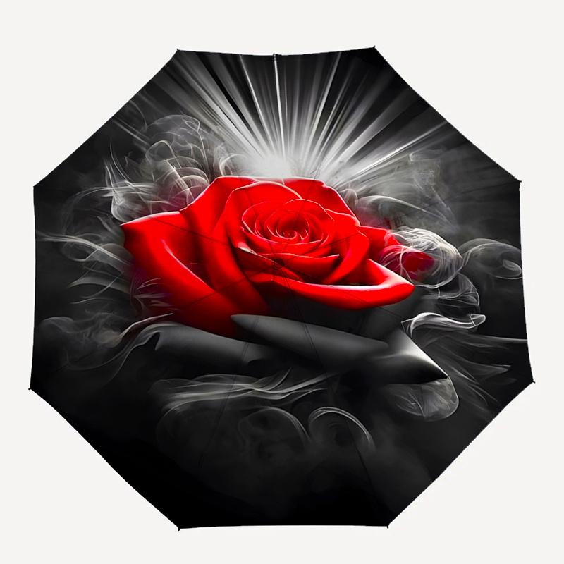 Rose, Smoke Automatic Folding Umbrella Simple Eight Rib Design, Bright Color Pattern, Durable Iron Frame, Ideal for Travel and Outdoor, Bea