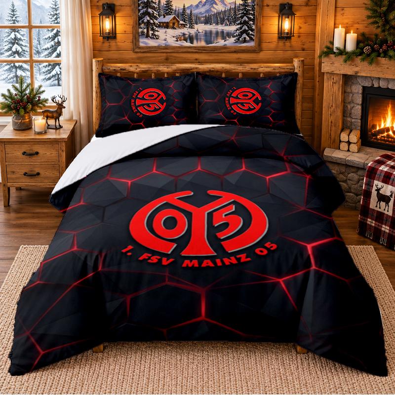 Gedrucktes 3-teiliges Bettwäsche-Set mit Mainz FC Muster Bettlaken Kissenbezug für Schlafzimmerdekoration 140cmx200cm