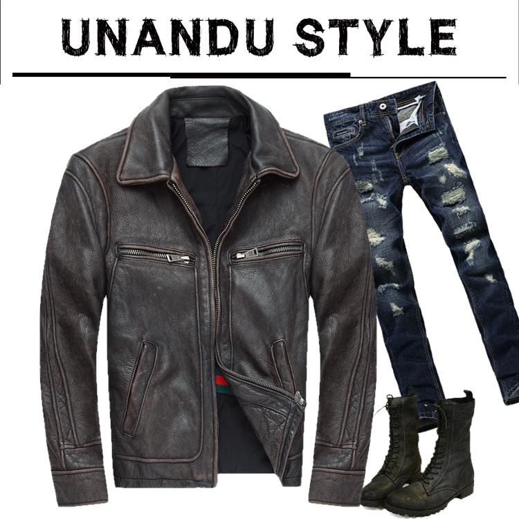 Men's Distressed Cowhide Leather Motorcycle Jacket - European & American Style