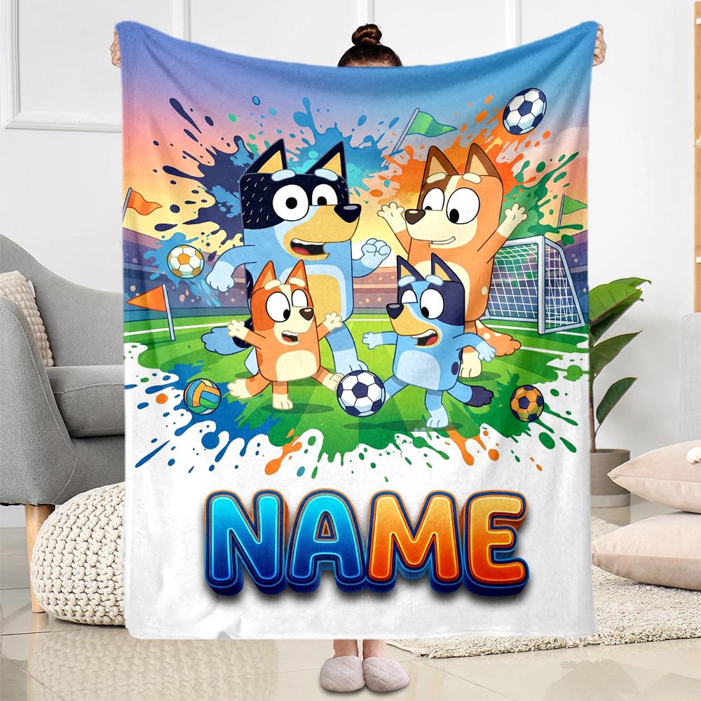 Bluey's Soccer Adventure Customize Your Name Blanket Gift Personalized Blanket Comfortable Versatile for Office Chair Couch Nap Picnics