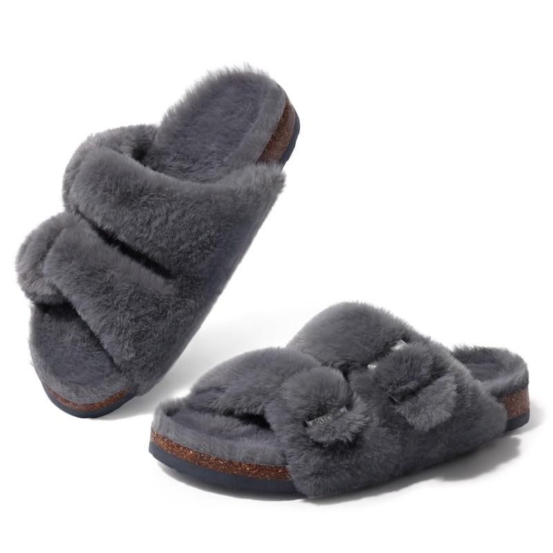 Fashion Kidmi Womens Fuzzy Slippers with Arch Support Adjustable Buckles New Fashion Cork Footbed Slides Open Toe Indoor Shoes for Women