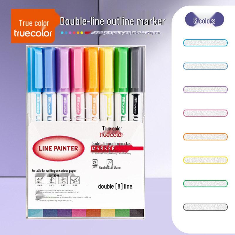 True Color Outline Pen: Dual-Line, Glitter, Black Journal & Border Art Tool.