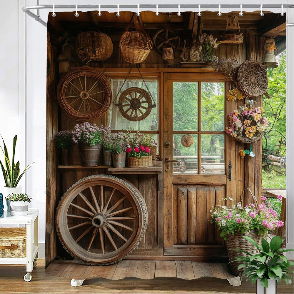 Country Retro Style, Wood Grain House Pattern Shower Curtain Waterproof Polyester Bathroom Curtain Bath Screen Decor For Bathtub