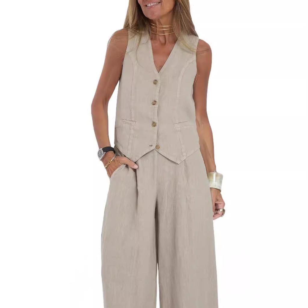 FiveFive naiste puuvillane ja linane 2-osaline komplekt Suvine moodne varrukateta vest ja kõrge vöökohaga laia säärega püksid, ühevärviline ülikond, suur suurus S-5XL