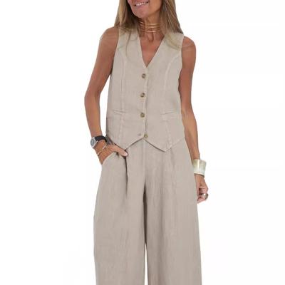 FiveFive 2-teiliges Damen-Set aus Baumwolle und Leinen, sommerlich modisch, ärmellose Weste und hoch taillierte Hose mit weitem Bein, einfarbiger Anzug, Übergröße S-5XL