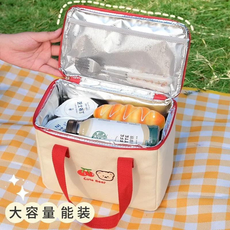Cute Lunch Bag Large Capacity Canvas Anti-cooling Handbag Aluminum Foil Insulated Food Box Office Worker Portable Bento Bag