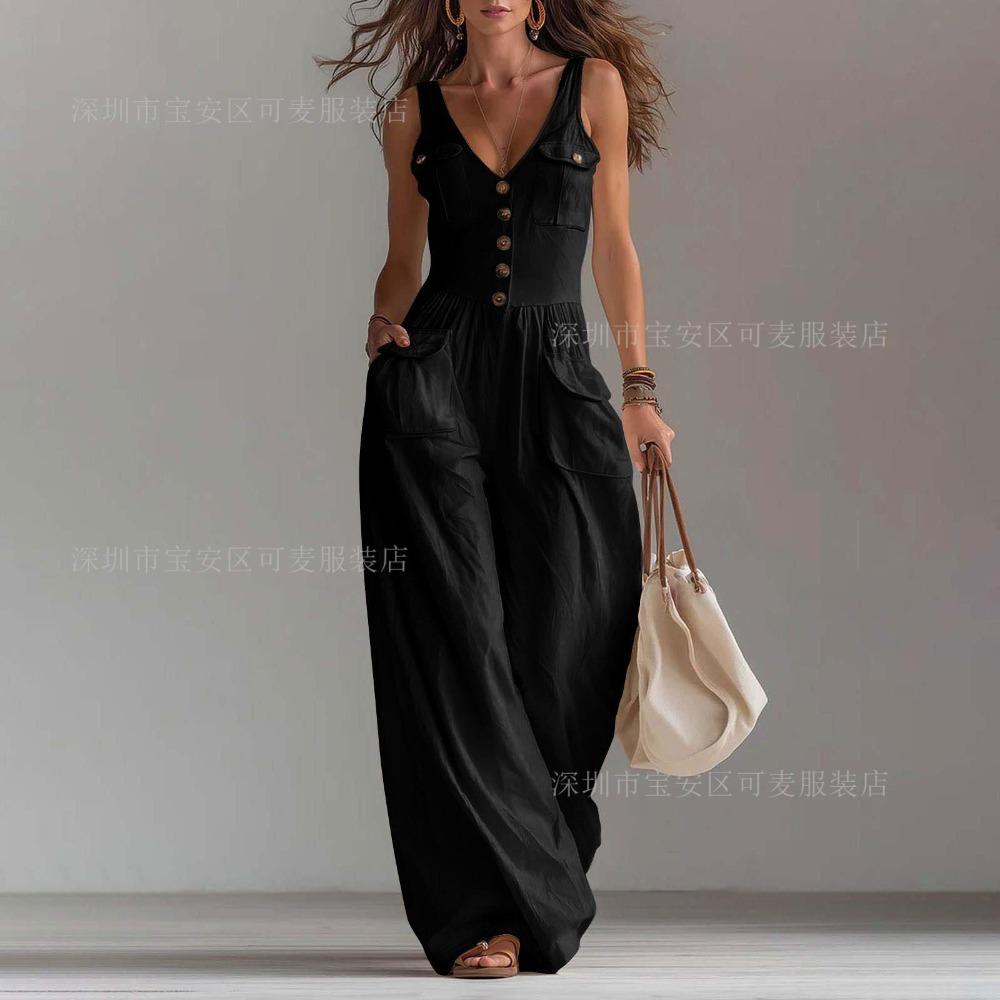 Europe, America, summer pocket V-neck button-up vest comfortable jumpsuit women