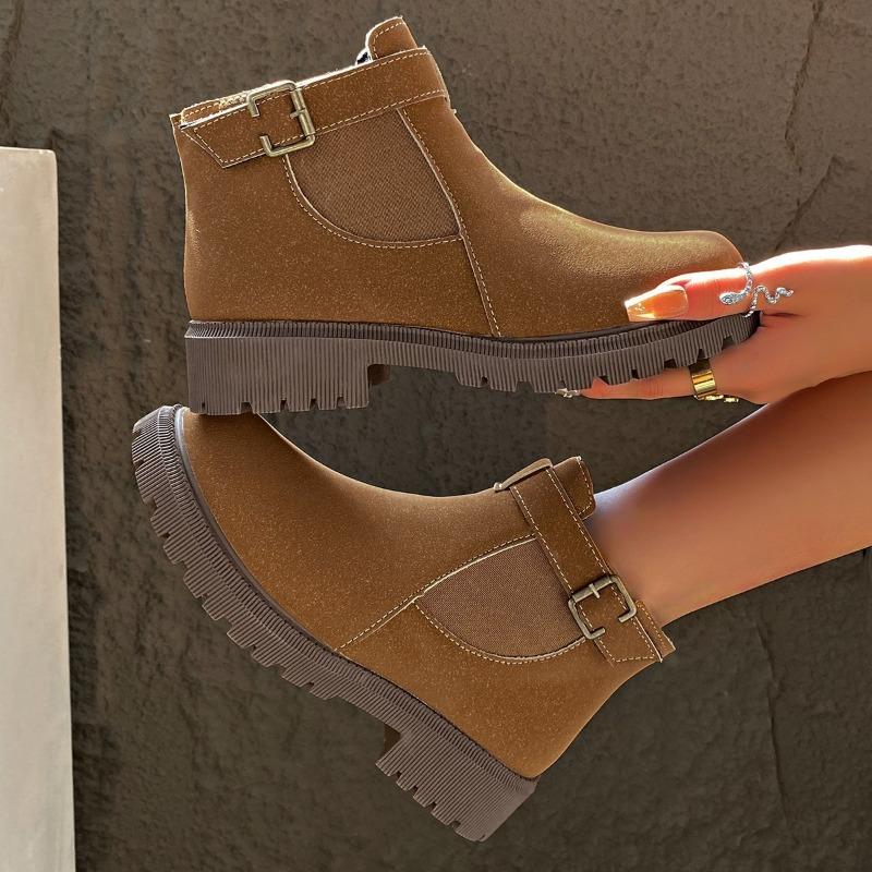 Damenschuhe 2024 Übergröße Knöchel Damenstiefel Plateau Moderne Stiefel Damen Schnalle Runde Zehenpartie Mittelhoher Absatz Slipper Damenschuhe