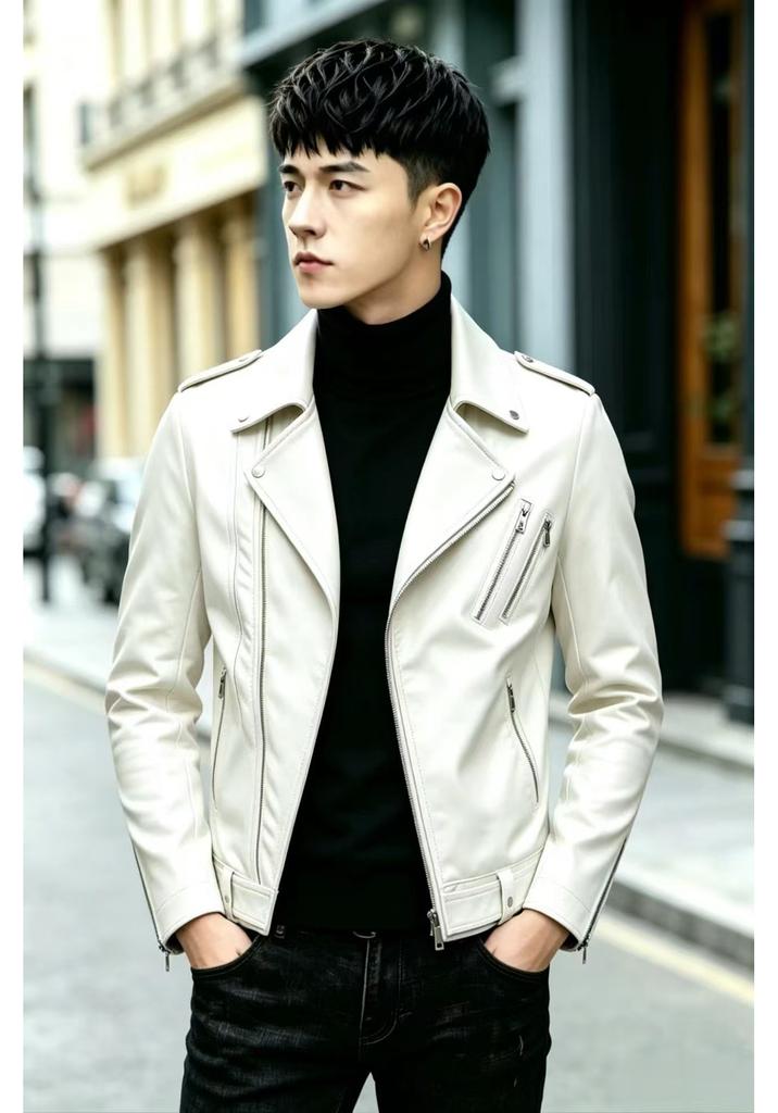 Autumn and winter men's clothing British large size stand-up collar large size PU leather jacket men's trendy solid color multi-zipper leather jacket