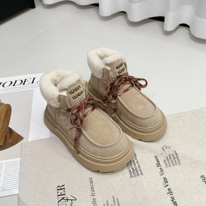 Snow Boots Real Lamb Wool Cotton Shoes Winter New Piled Thickened Thick Sole Heightened Non-slip Short Boots