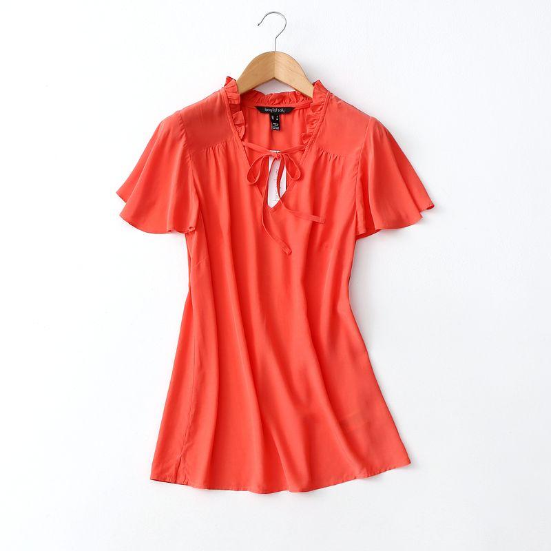 Old Customer B Into ~ Foreign Trade Original Order V Neck Drape Breathable Ruffled Short Sleeves Rayon Shirt Women's Viscose Tops