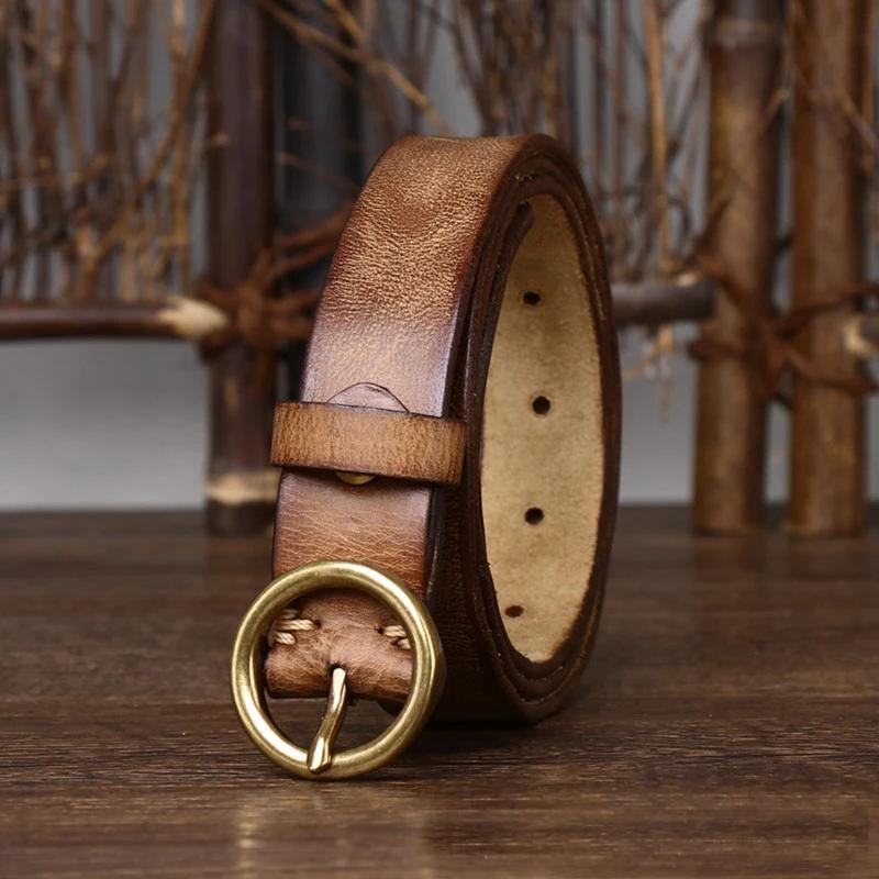 

2.5CM Genuine Leather Belts for Women Luxury Copper Round Buckle Cowskin Female Belt Simple Waist Belt for Jeans Candy Color 90cm хаки