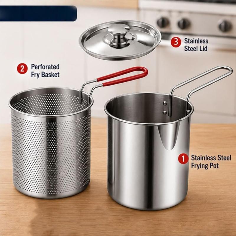 Type 304 Steel Stovetop Frying Saucepan Set with Removable Perforated Basket, Lid, and Narrow Deep Shape for Frying Modest Servings and Draining