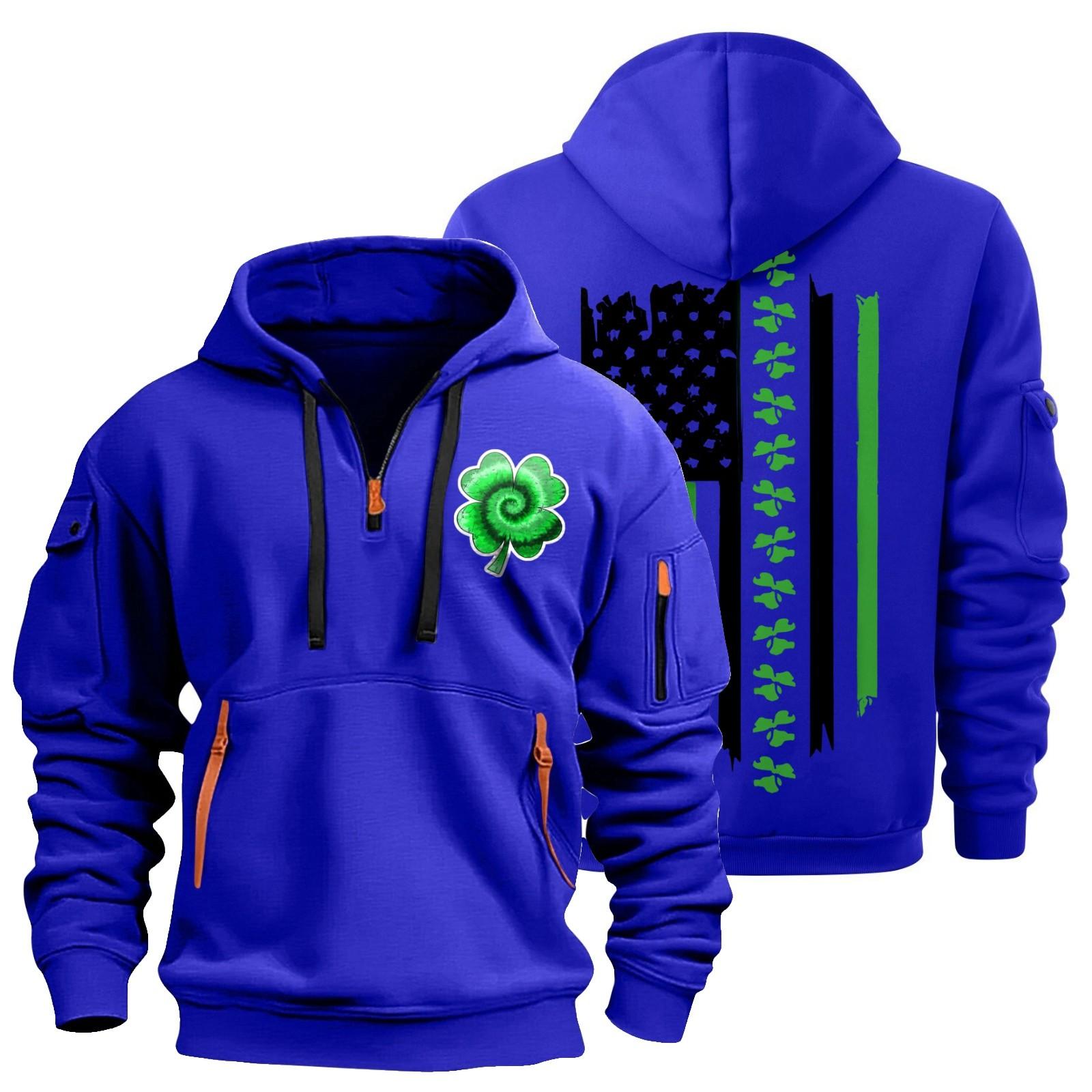 

улица. Толстовка с капюшоном Patrick s Green Flag Print для мужчин, пуловер на молнии для мужчин, спортивная повседневная толстовка больших размеров L синий