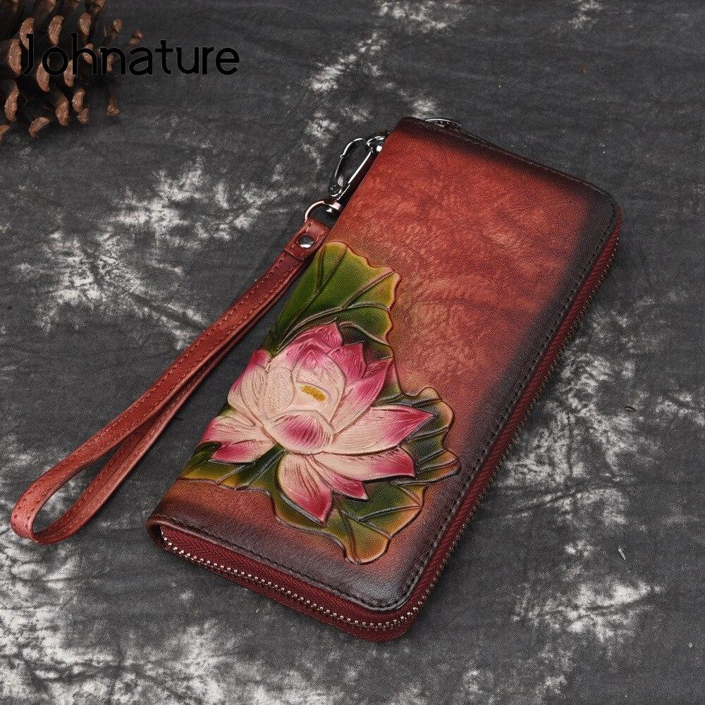 Johnature Handmade Vintage Genuine Leather Ladies Clutch Bags Female Purse Women Floral Zipper Standard Wallets