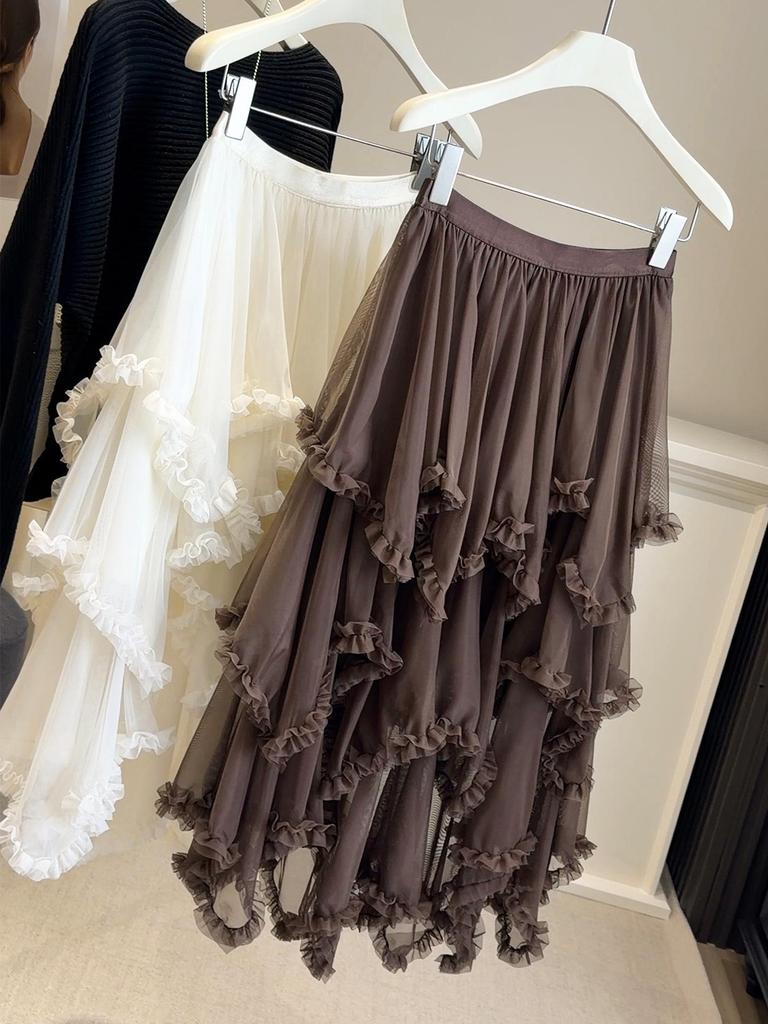 Women's Layered Wood Ear Lace Mesh Skirt, Fluffy A-Line, Early Spring Fairy Style