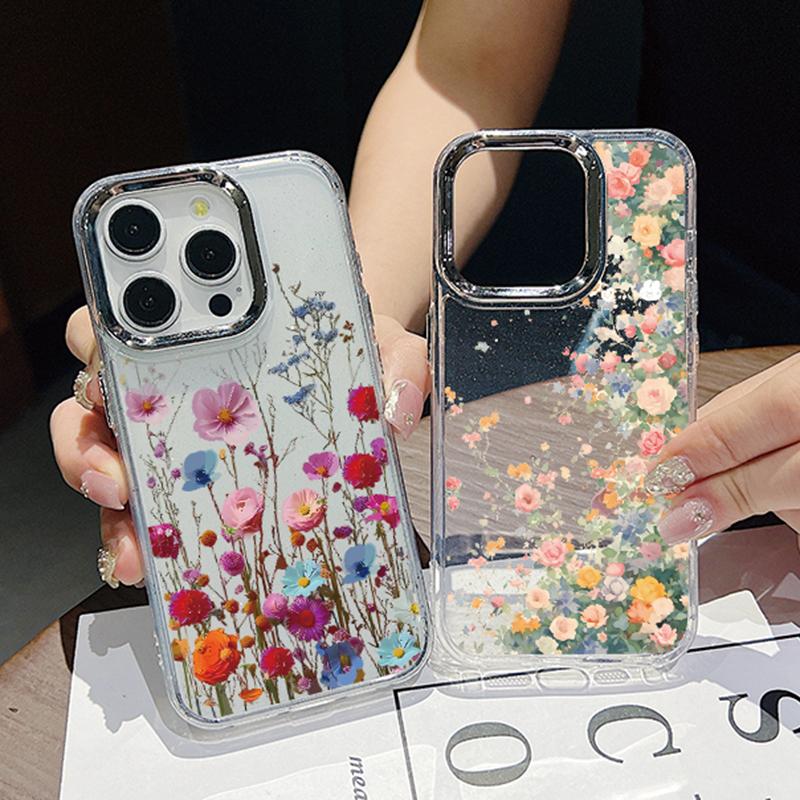 Luxury Garden Flower Case For iPhone 15 Pro Max Coque iPhone 11 12 13 14 16 Pro Max Plating Lens Clear Soft Silicone Back Cover
