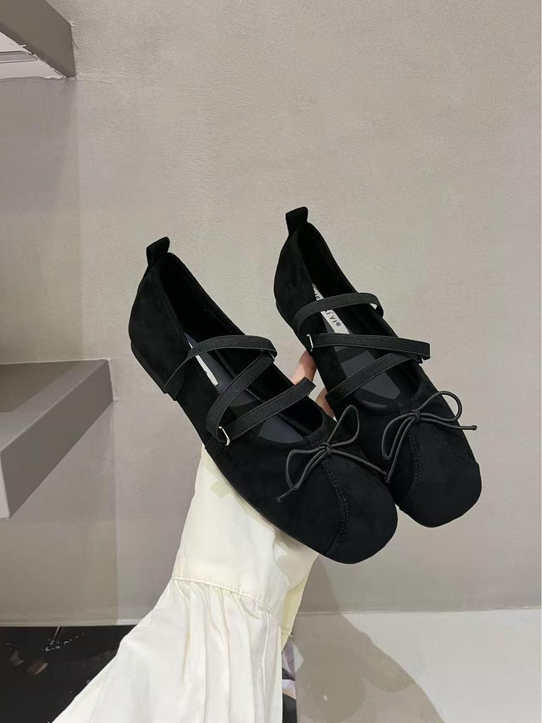 Wanwanfeng 2025 Zamszowe Baleriny z Kwadratowym Noskiem i Skrzyżowanymi Paskami z Kokardką dla Kobiet