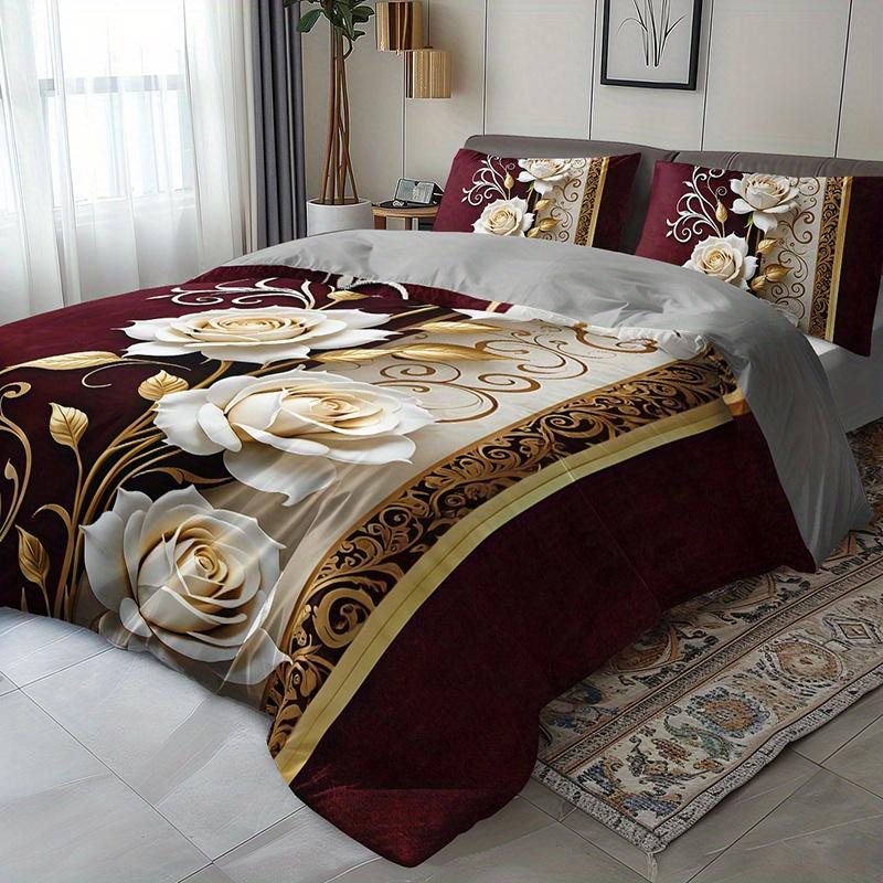 3pcs Elegant Burgundy & Golden Rose Floral Bedding Set - Luxury Soft Brushed Texture Duvet Cover with 2 Pillowcases, All-Season
