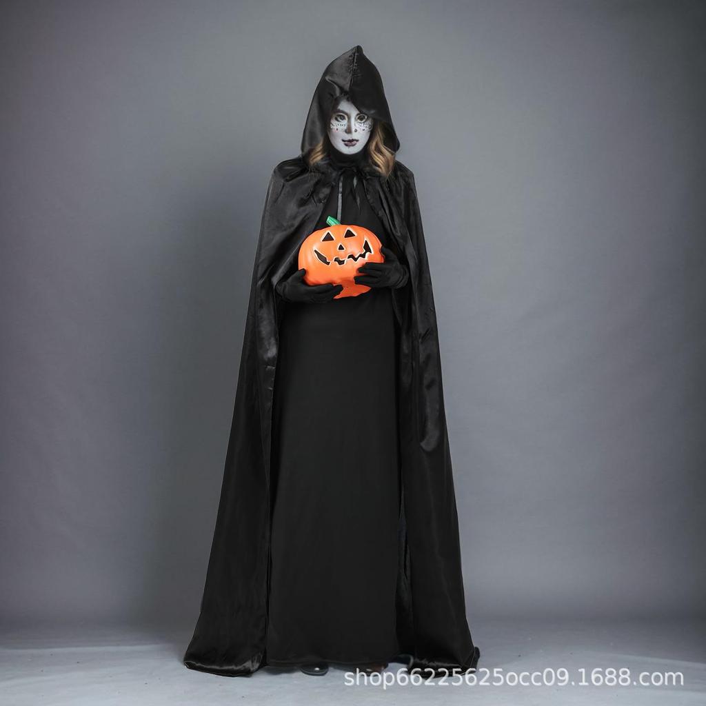 Halloween Cloak Soft Unisex Hooded Black Robe Witch Long Cape Cosplay Costume Prop Party Performance Supplies Holiday Decoration