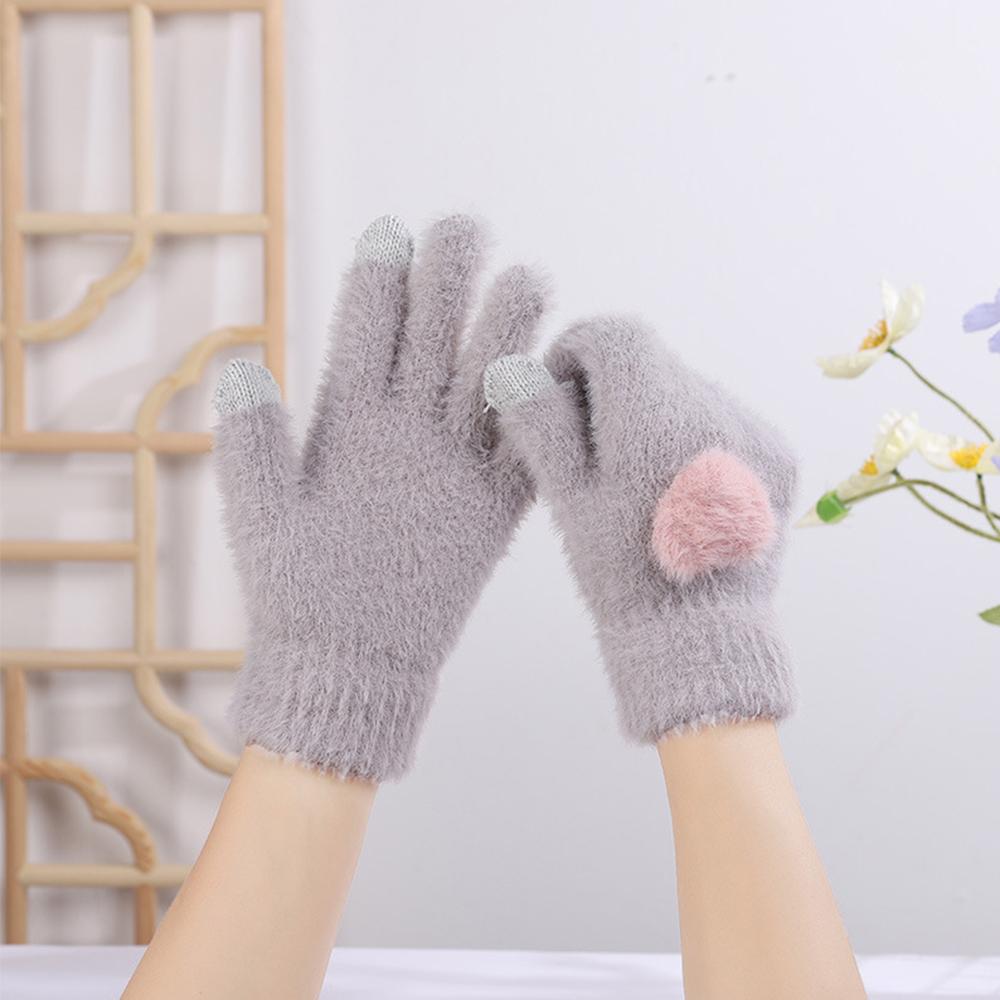 Winter Mink Plush Cold Resistant Gloves Suitable For Women's Soft And Warm Cute Solid Color Knitted Five Finger Gloves
