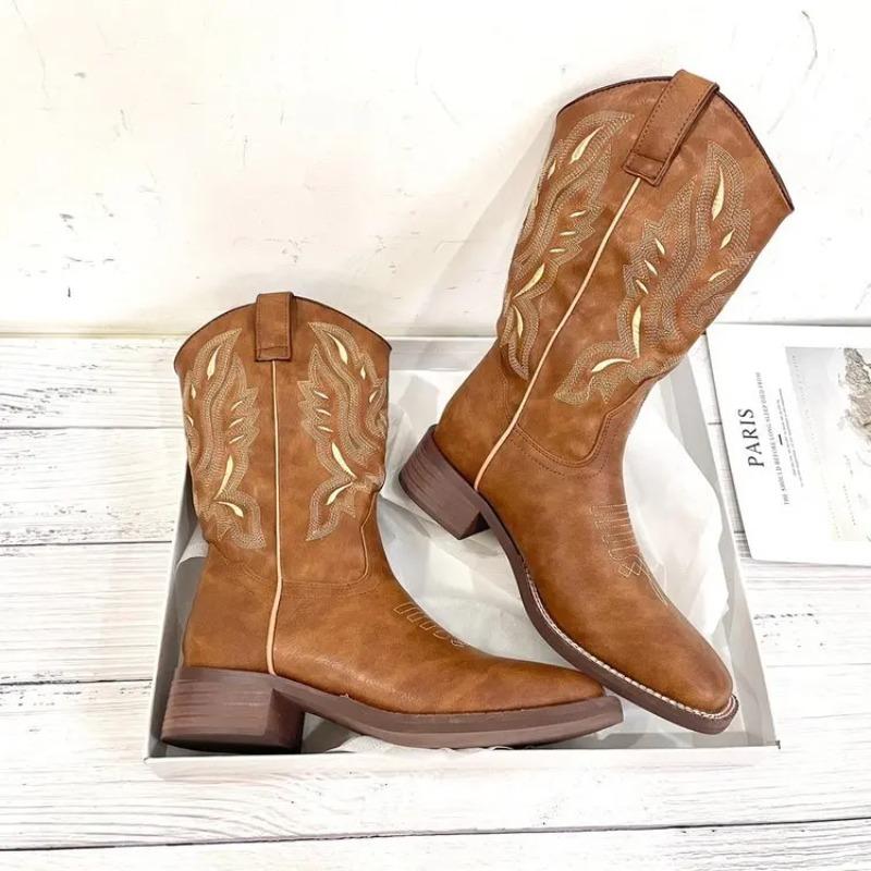 Fashion Embroidered Western Riding Cowboy Boots for women 2025 new boots with chunky heels