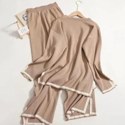 Costum elegant Pulover cu mâneci lungi cu fantă laterală Pantaloni largi Set 2 piese Toamnă pentru femei, culoare uni, Hanorac casual